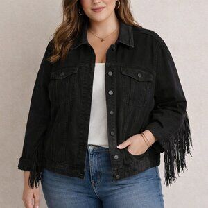 Eloquii Black Fringe Denim Jacket Size 18 | Statement Layer